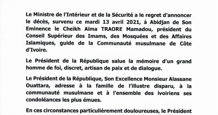 deces-du-cheikh-traore-mamadou-le-ministere-de-linterieur-reagit